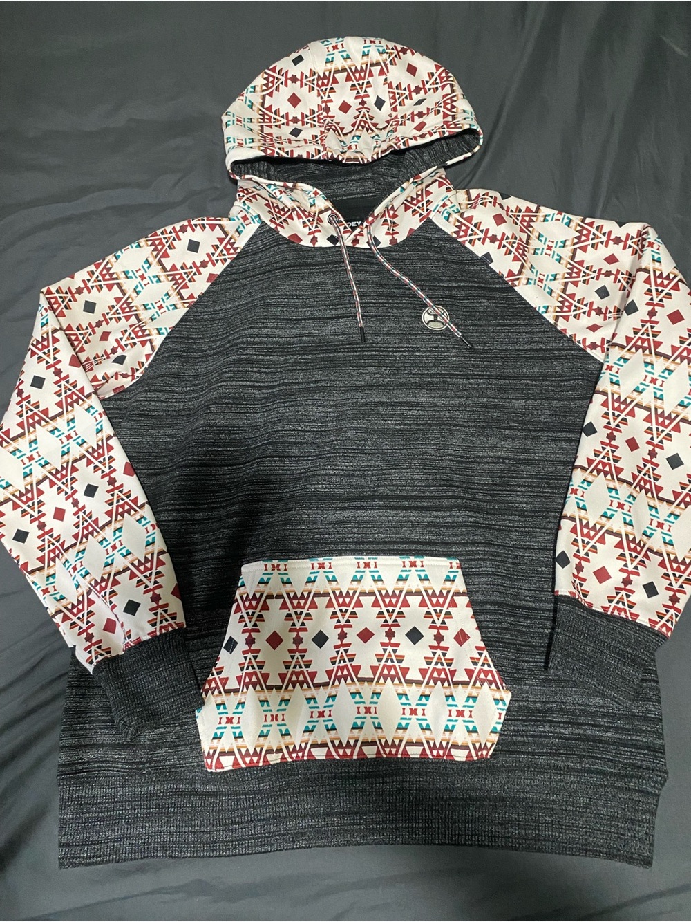 Hooey Charcoal Heather Hoodie with Aztec Sleeves and Accents
